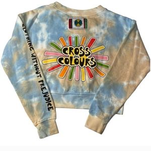 CROSS COLOURS Crop Sweatshirt Women's  Sky Blue/Sand Cloud Tie Dye Long Sleeve